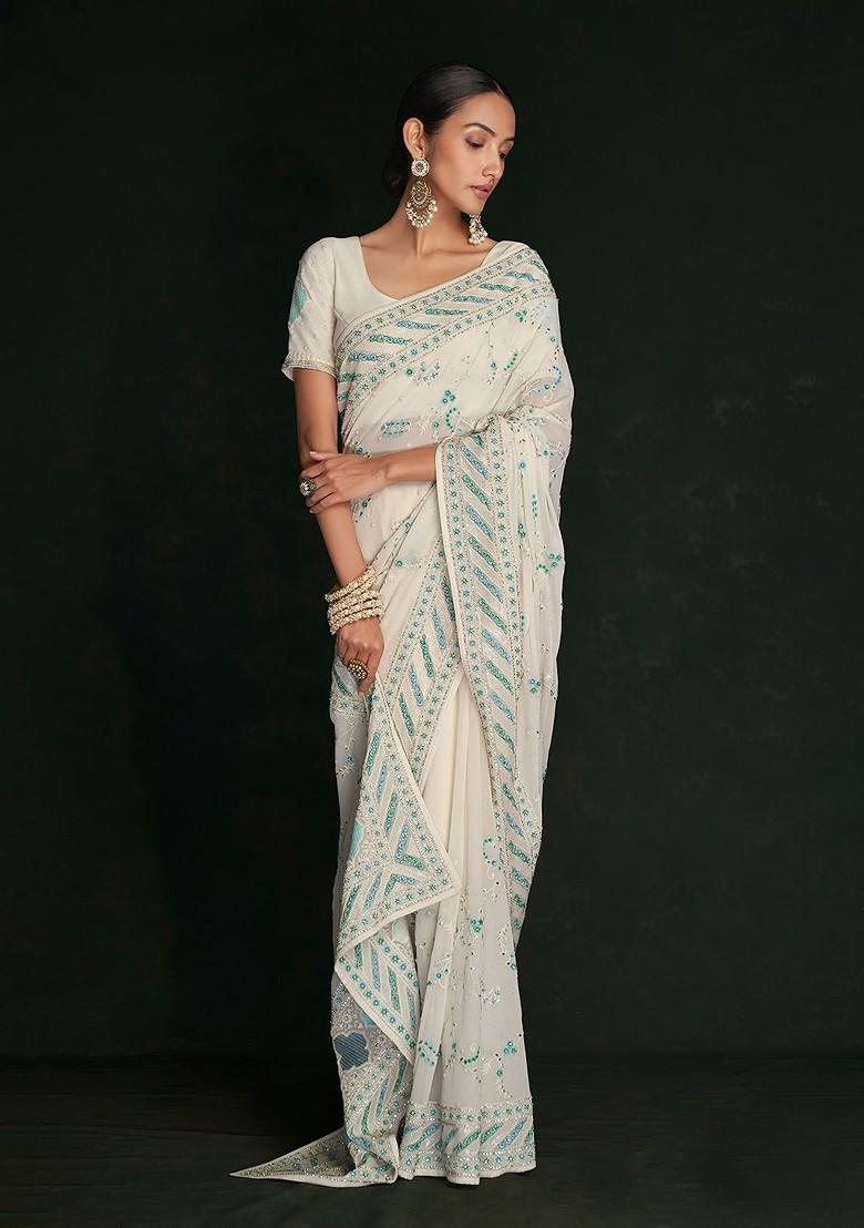 White Embroidered Poly Blend Pre-Stitched Saree