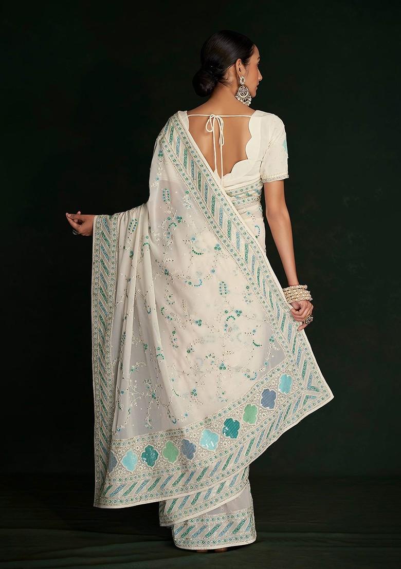 White Embroidered Poly Blend Pre-Stitched Saree