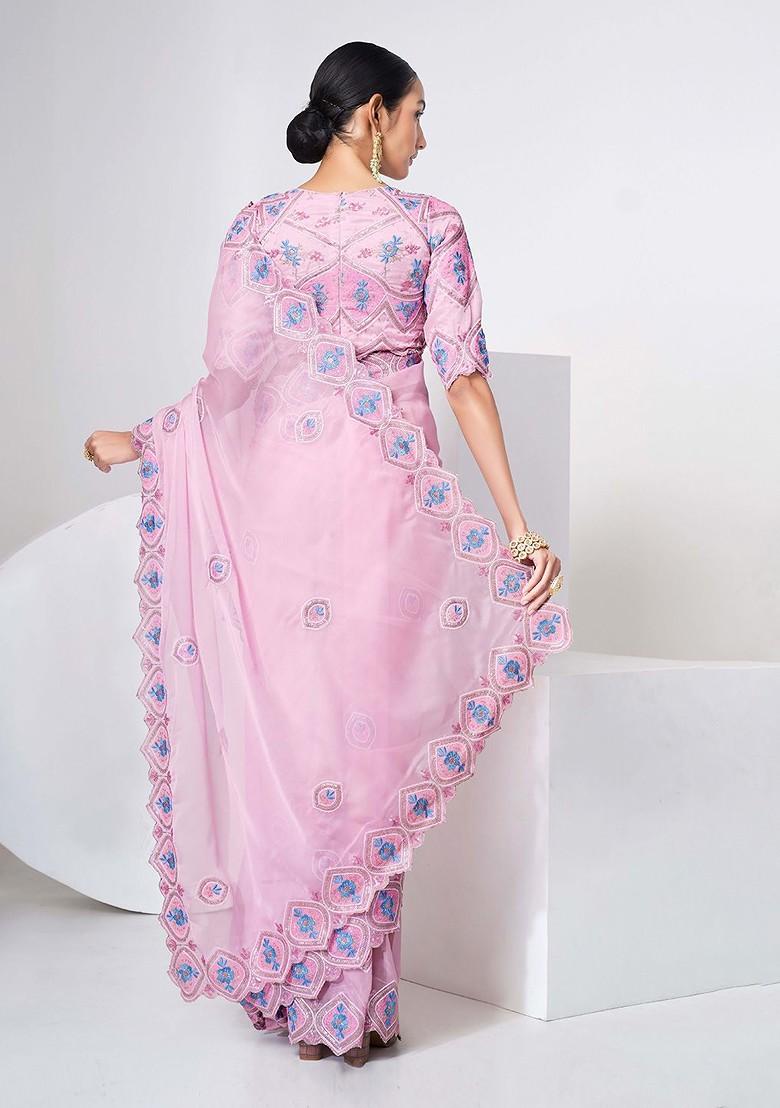 Pink Embroidered Poly Blend Pre-Stitched Saree