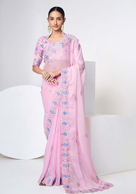Pink Poly Blend Pre-Stitched Saree with Embroidered for Diwali | Wedding & Festive Wear