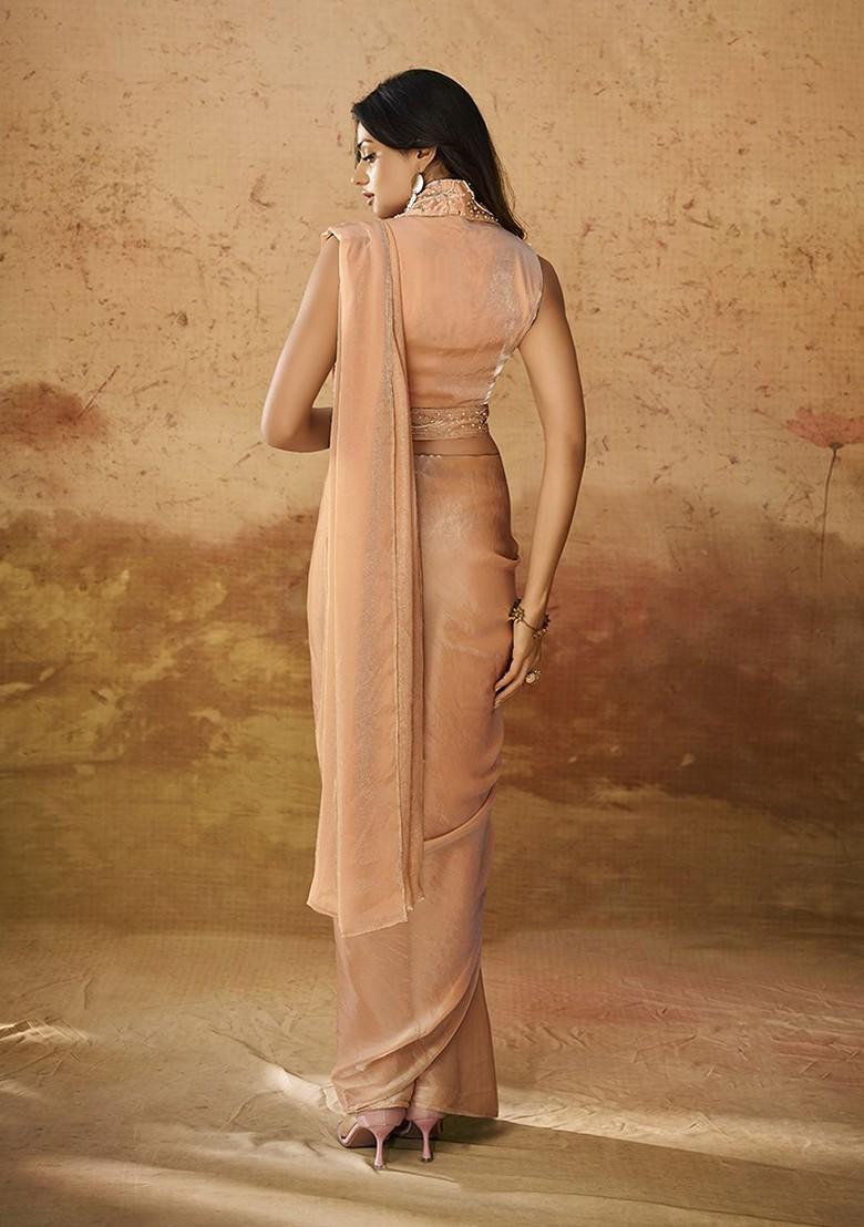 Beige Embellished Poly Blend Pre-Stitched Saree