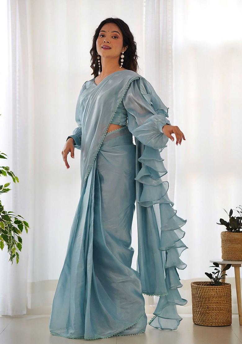 Blue Embroidered Poly Blend Pre-Stitched Saree