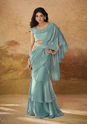 Green Solid Poly Blend Pre-Stitched Saree