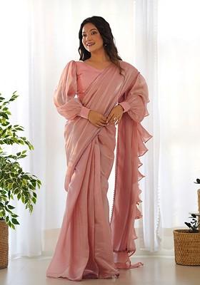Pink Embroidered Poly Blend Pre-Stitched Saree