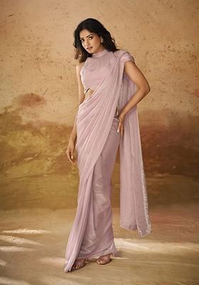 Pink Embellished Poly Blend Pre-Stitched Saree