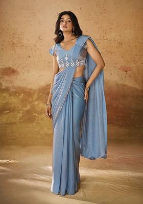 Blue Embroidered Poly Blend Pre-Stitched Saree