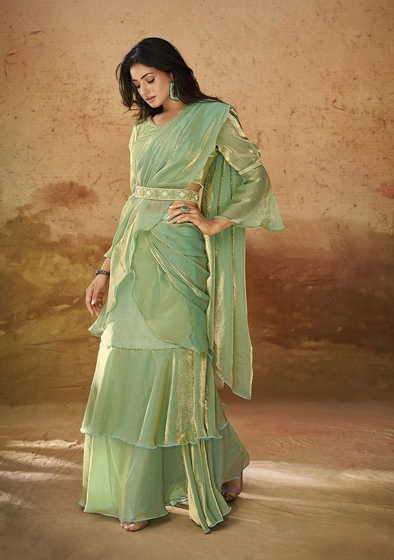 Green Solid Poly Blend Pre-Stitched Saree