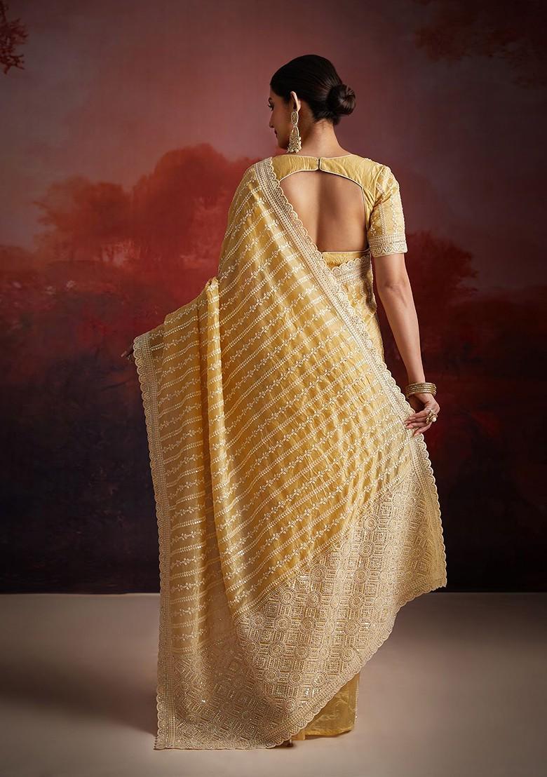 Yellow Sequin Embroidered Poly Blend Pre-Stitched Saree