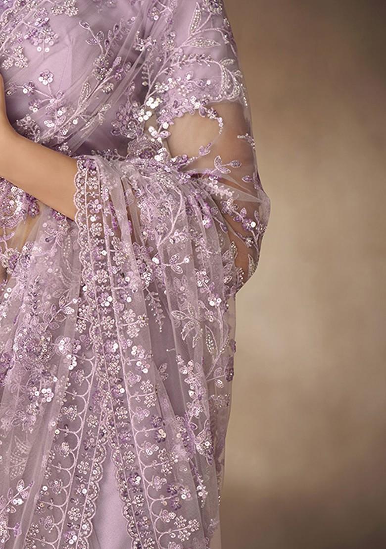 Purple Sequin Embroidered Poly Blend Pre-Stitched Saree