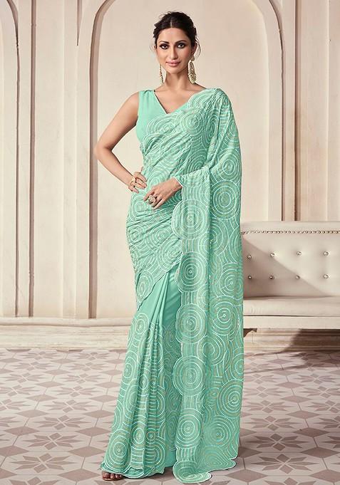 Blue Sequin Embroidered Poly Blend Pre-Stitched Saree