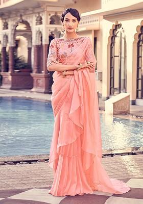 Peach Embellished Poly Blend Pre-Stitched Saree