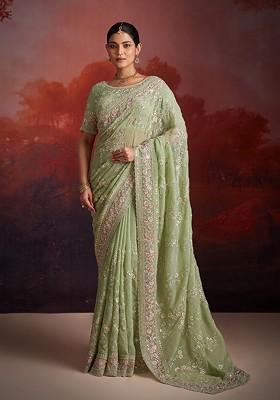 Green Sequin Embroidered Poly Blend Pre-Stitched Saree