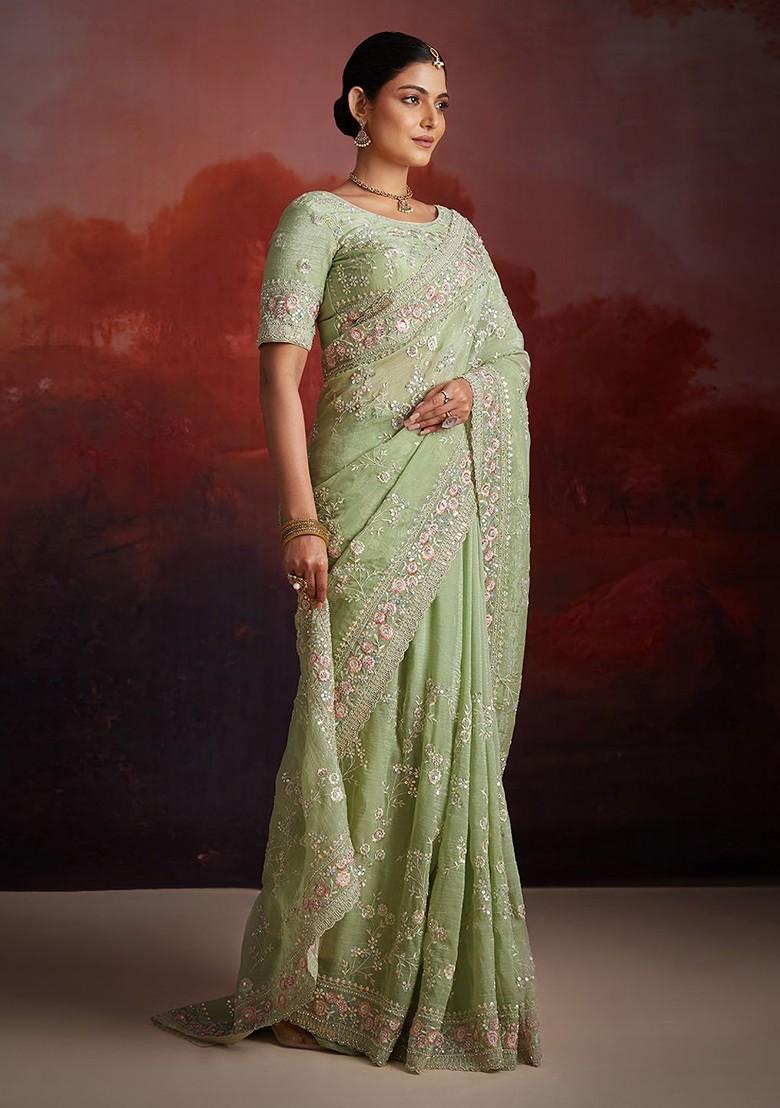Green Sequin Embroidered Poly Blend Pre-Stitched Saree