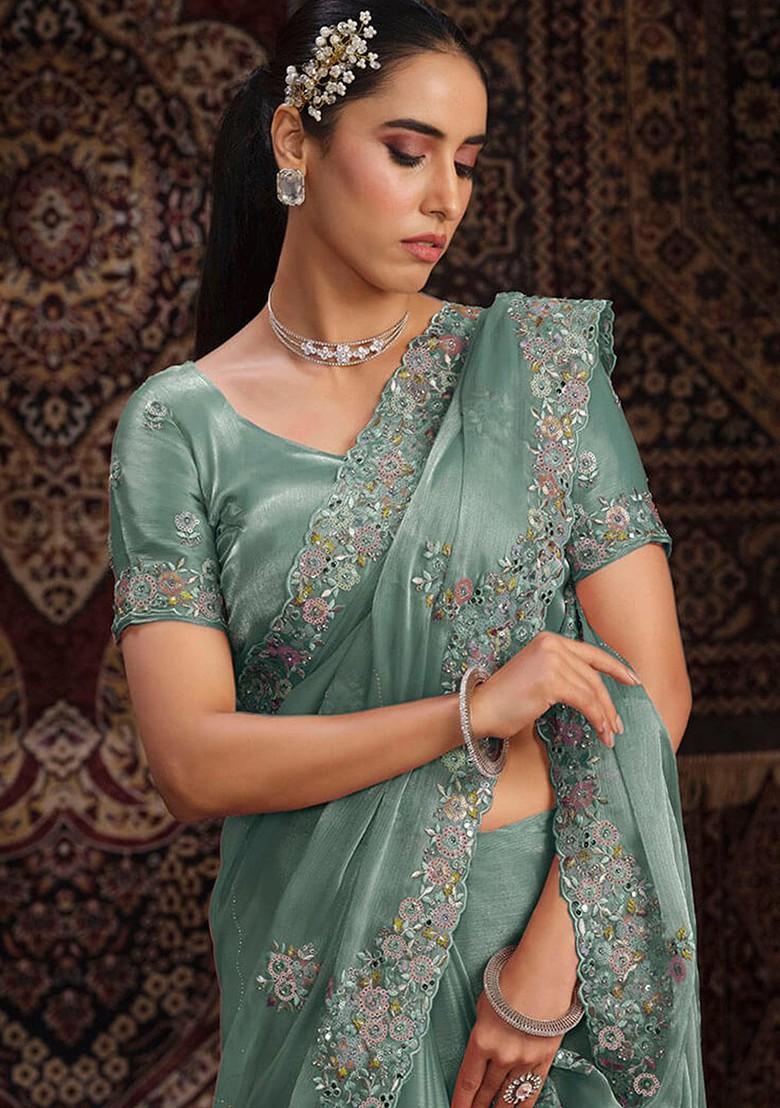 Blue Embellished Poly Blend Pre-Stitched Saree