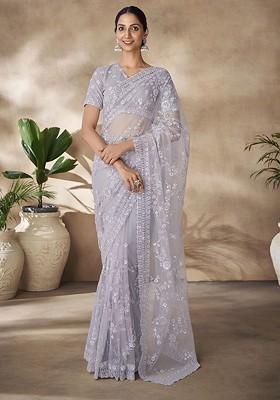 Grey Sequin Embroidered Poly Blend Pre-Stitched Saree