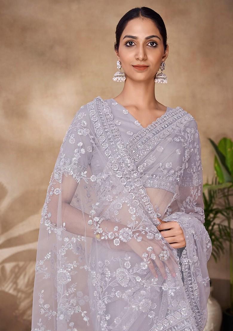 Grey Sequin Embroidered Poly Blend Pre-Stitched Saree