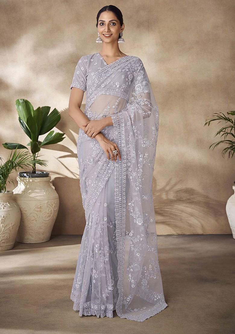 Grey Sequin Embroidered Poly Blend Pre-Stitched Saree