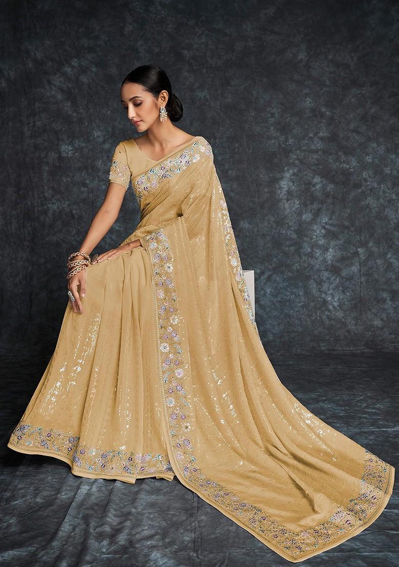 Yellow Embroidered Poly Blend Pre-Stitched Saree