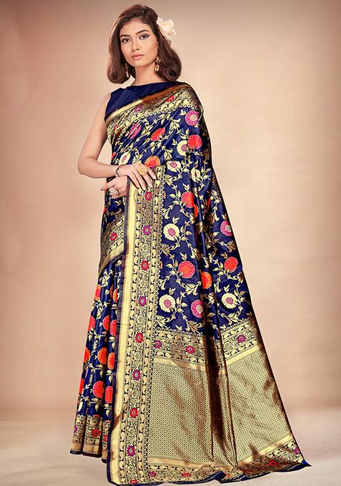 Blue Woven Banarasi Silk Saree Set