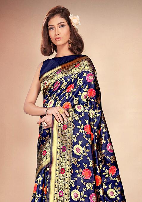 Blue Woven Banarasi Silk Saree Set