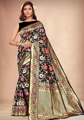 Black Woven Banarasi Silk Saree Set
