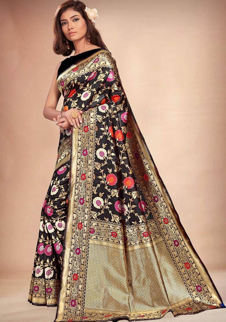 Black Woven Banarasi Silk Saree Set