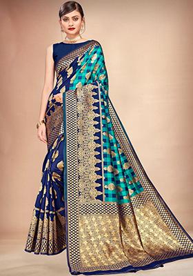 Teal Blue Woven Banarasi Silk Saree Set