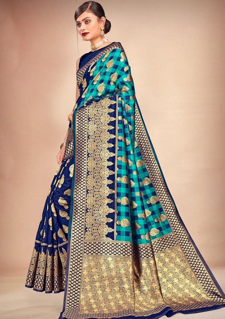 Teal Blue Woven Banarasi Silk Saree Set