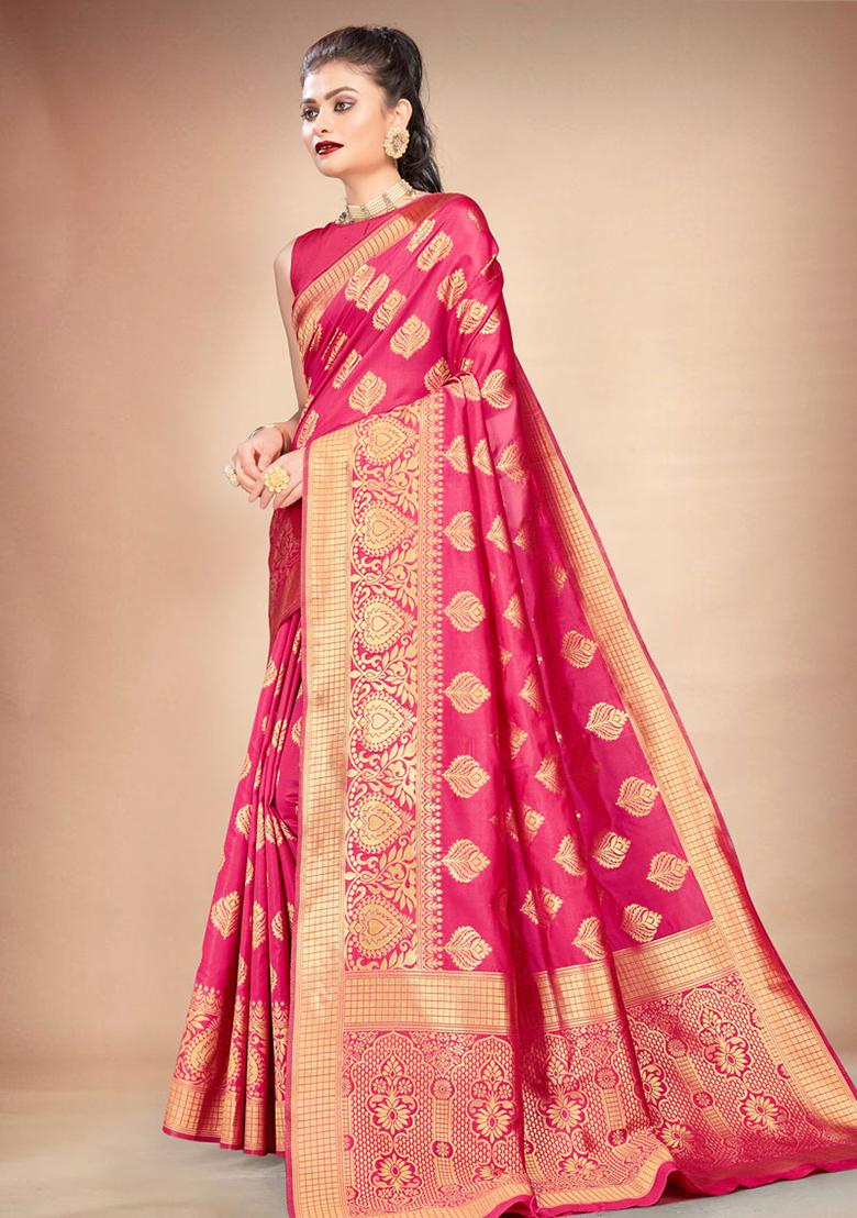 Pink Woven Banarasi Silk Saree Set