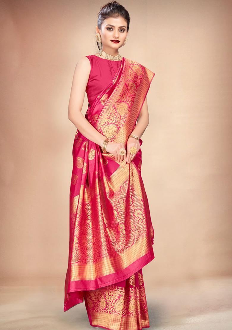 Pink Woven Banarasi Silk Saree Set