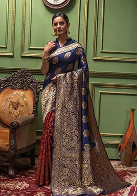 Navy Blue Woven Banarasi Silk Saree Set