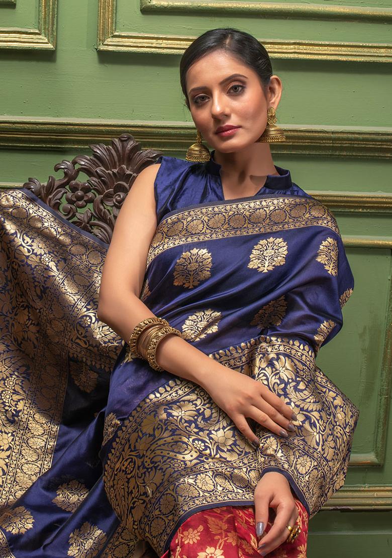 Navy Blue Woven Banarasi Silk Saree Set