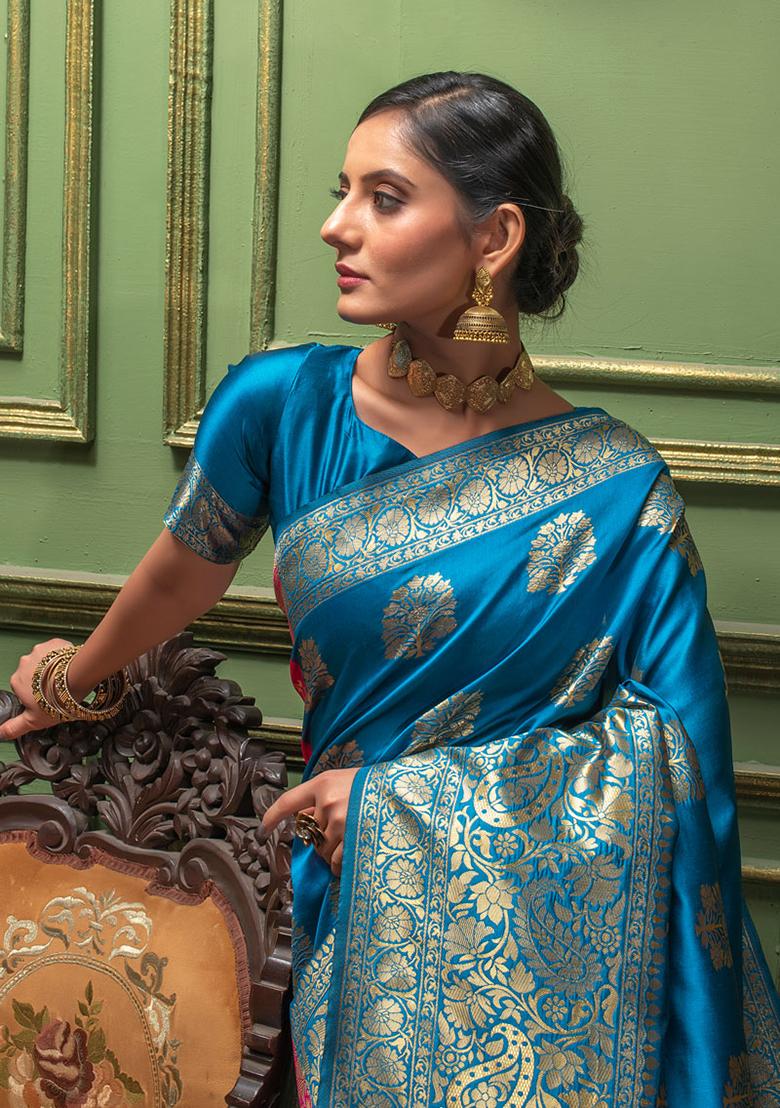 Sky Blue Woven Banarasi Silk Saree Set