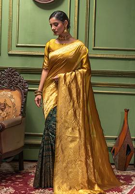 Mustard Woven Banarasi Silk Saree Set