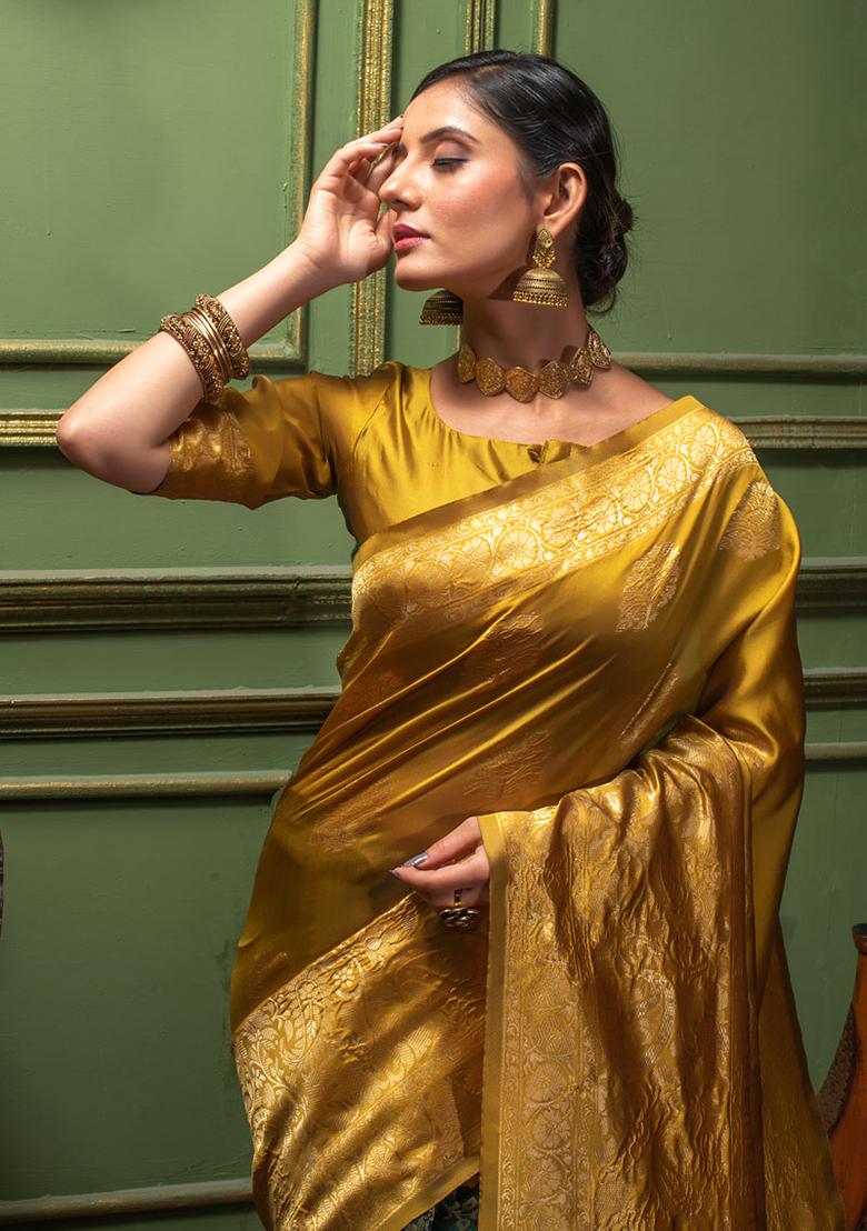 Mustard Woven Banarasi Silk Saree Set