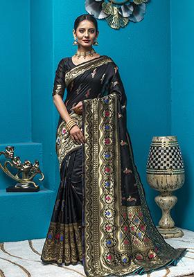 Black Woven Banarasi Silk Saree Set
