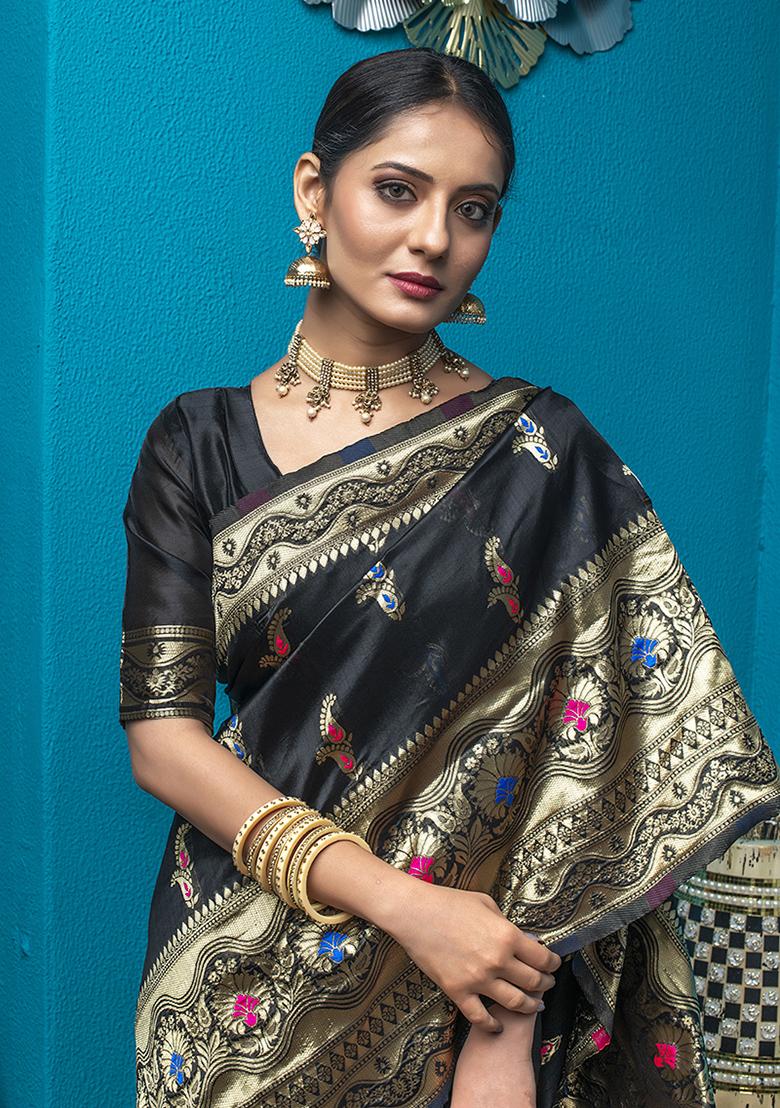 Black Woven Banarasi Silk Saree Set