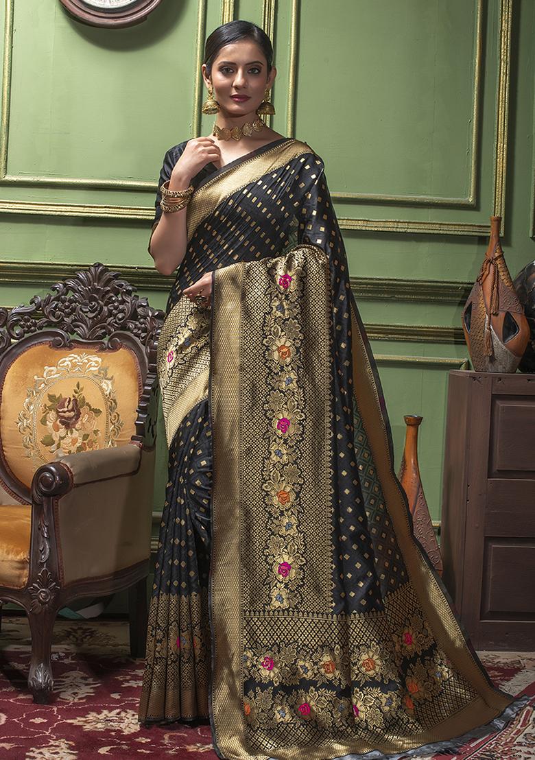 Black Woven Banarasi Silk Saree Set