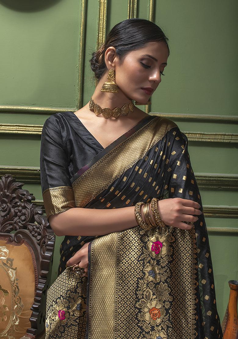 Black Woven Banarasi Silk Saree Set