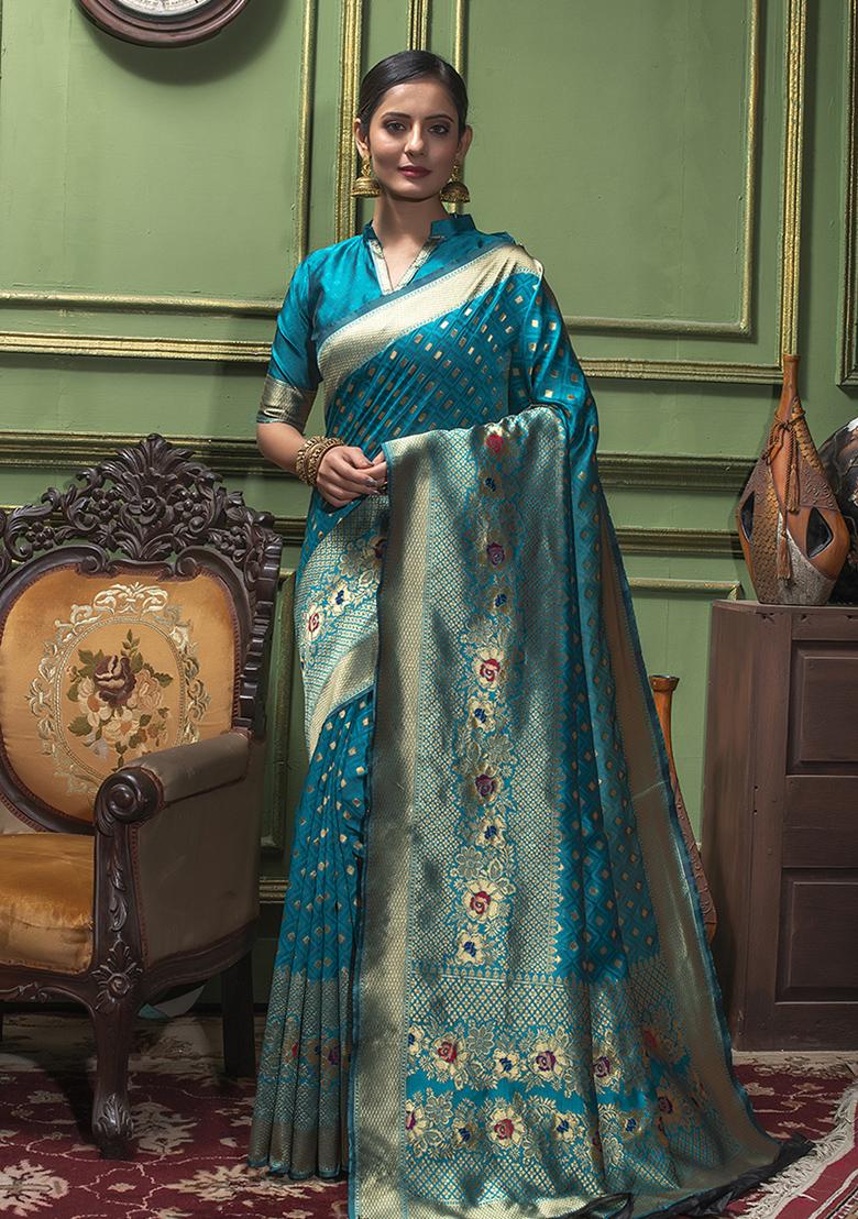 Sky Blue Woven Banarasi Silk Saree Set