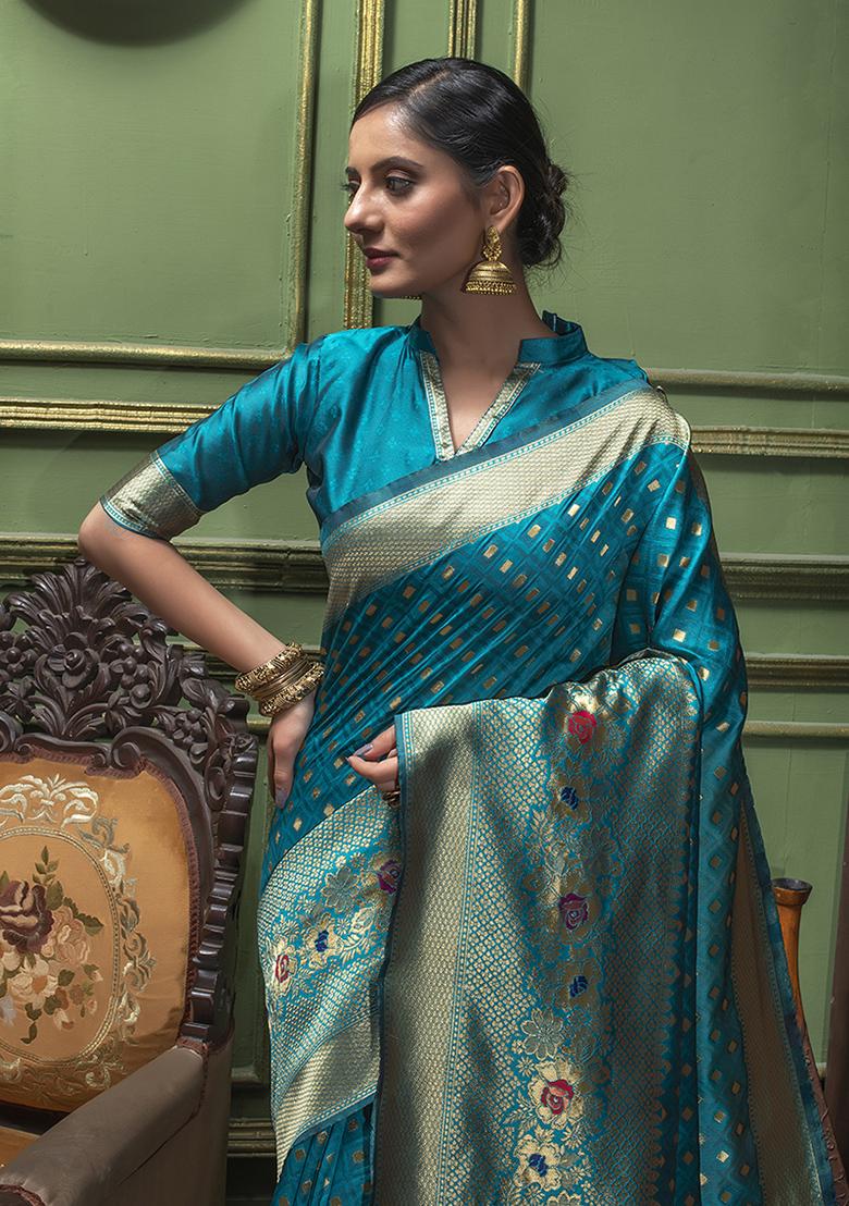 Sky Blue Woven Banarasi Silk Saree Set
