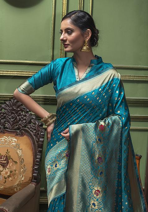 Sky Blue Woven Banarasi Silk Saree Set