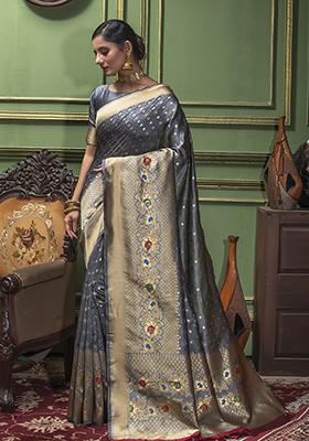Grey Woven Banarasi Silk Saree Set