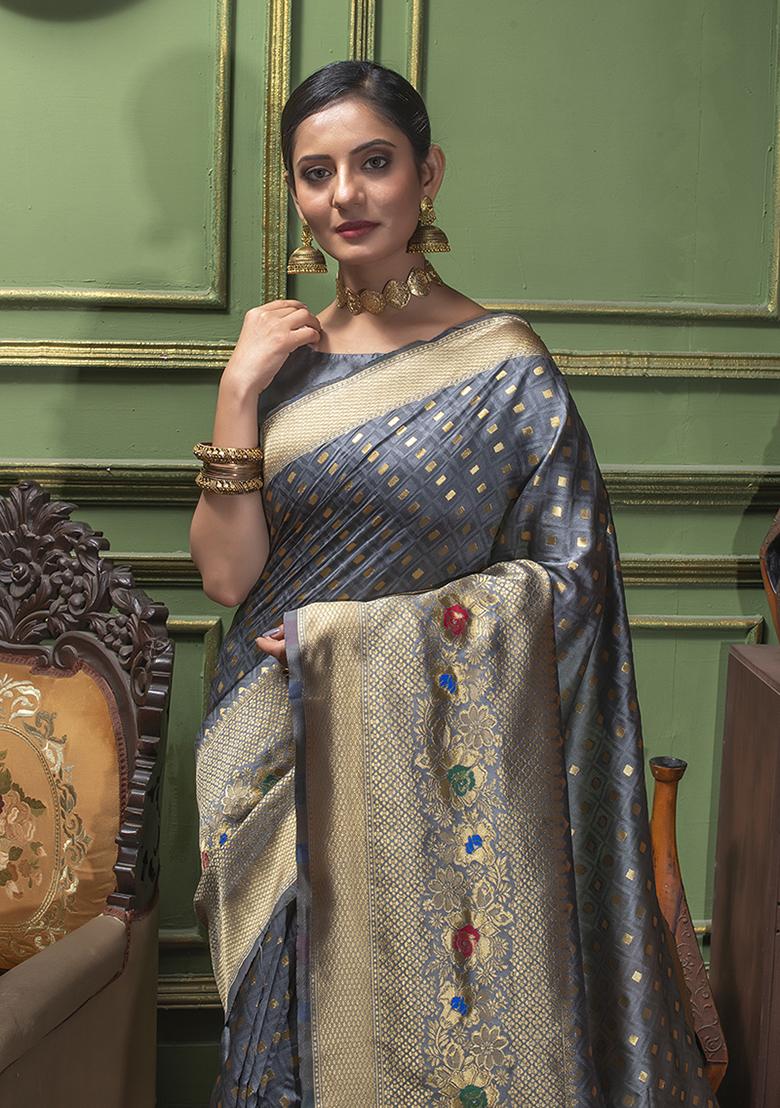 Grey Woven Banarasi Silk Saree Set