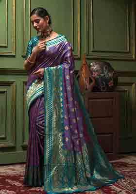 Pink Woven Banarasi Silk Saree Set