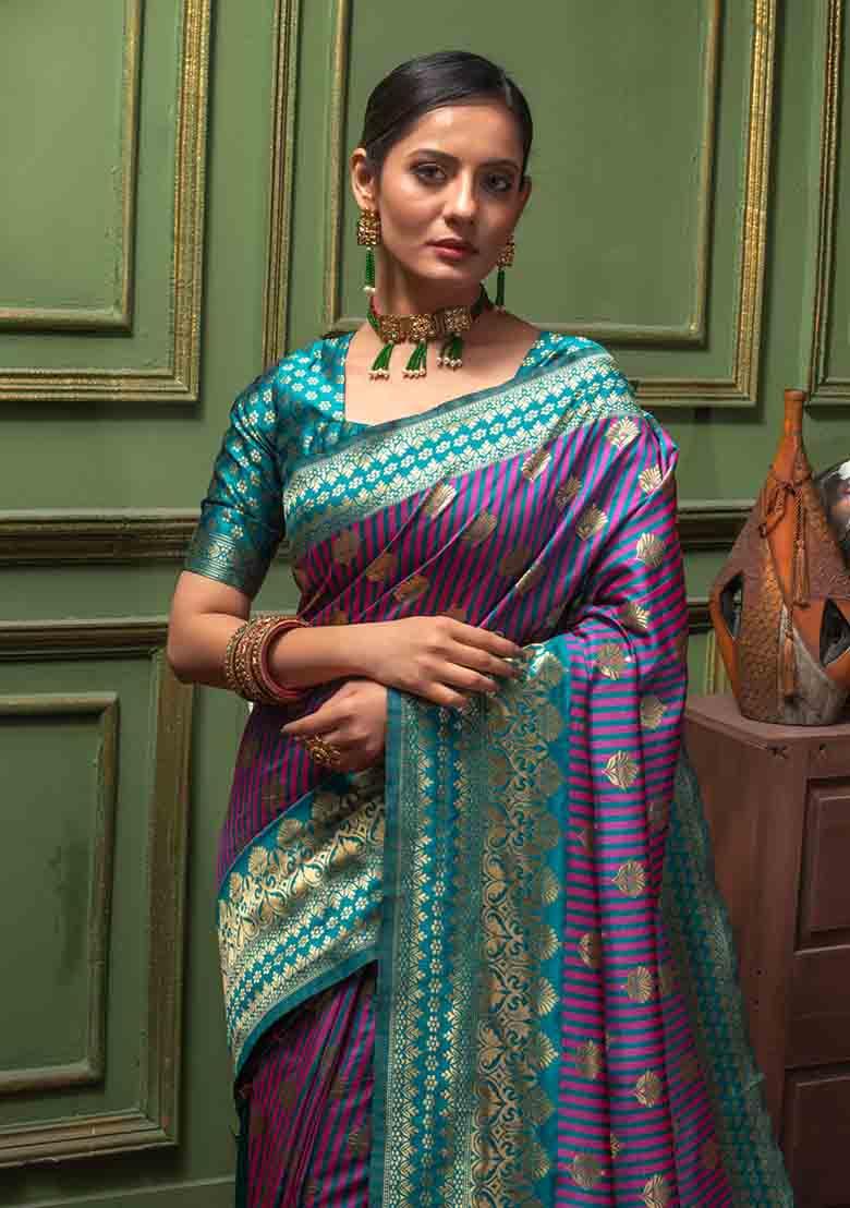 Pink Woven Banarasi Silk Saree Set