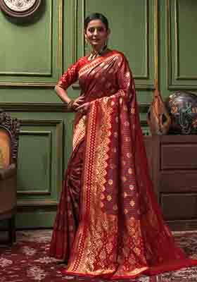 Red Woven Banarasi Silk Saree Set