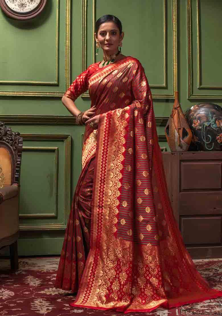 Red Woven Banarasi Silk Saree Set