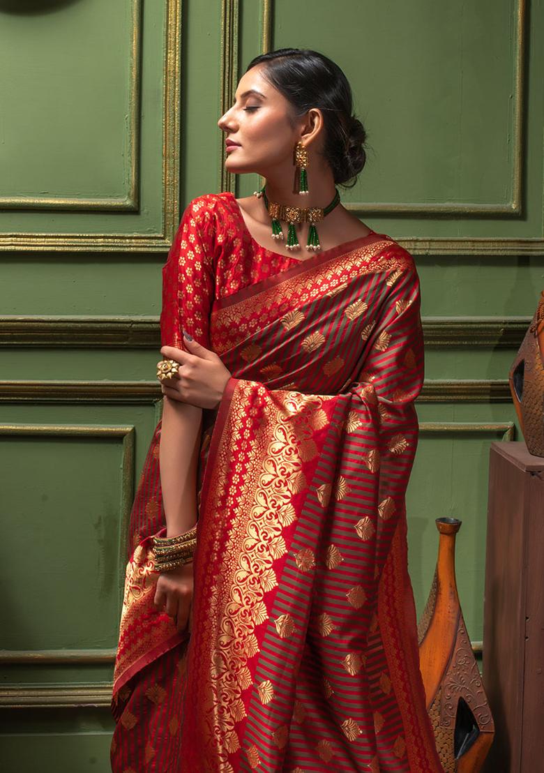 Red Woven Banarasi Silk Saree Set