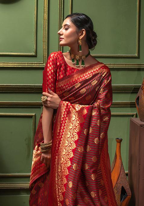 Red Woven Banarasi Silk Saree Set